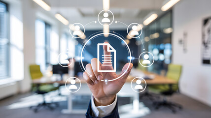 Businessman interacting with digital document interface in modern office