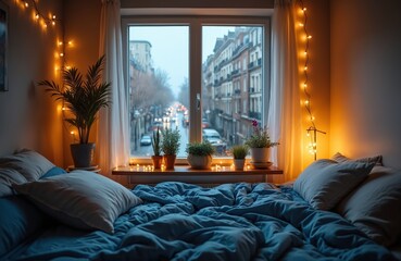 Unmade blue bed with pillows near window. Fairy lights glow, plants on sill. City street traffic seen through window on rainy day. Cozy home atmosphere.