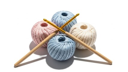 Crochet hooks crossed over yarn balls in pastel colors for handicraft and textile art. Cozy hobby for leisure or creation of handmade crafts.
