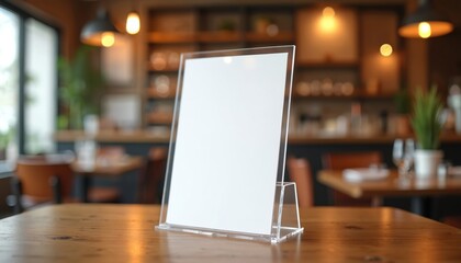 Blank white menu card sits on wooden table in restaurant. Acrylic holder displays info for diners. Empty space for custom text at cafe eatery.