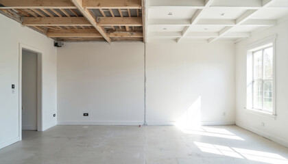 Unfinished room shows exposed wooden ceiling beams, finished coffered ceiling. Concrete floor, white walls await final touches. Natural light streams through large window, illuminating space,