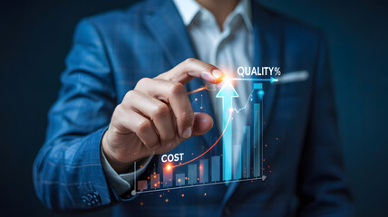 Businessman analyzing quality and cost graph for better performance