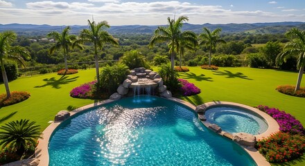 Luxurious outdoor swimming pool and spa nestled in a tropical hillside landscape