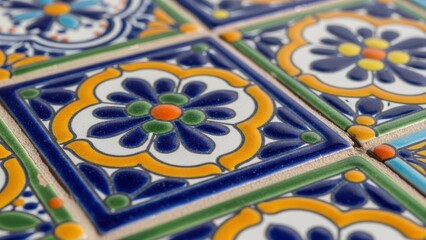 Close-up of colorful ceramic tile with traditional mexican talavera flower pattern. Decorative background surface for design.