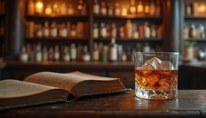 Open book sits on wooden bar beside whiskey ice glass. Shelves with bottles and books create cozy library ambiance. Warm indoor lighting enhances aged interior.