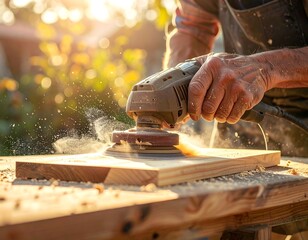 Close-up of a senior person working with wood outdoors. Dust and light surround the person and wooden board