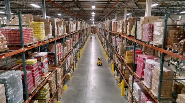 Warehouse Logistics: Rows of products neatly arranged on towering shelves within a vast warehouse, with a forklift navigating the aisles, depicting efficient storage and distribution.