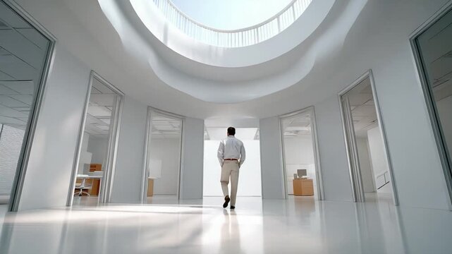 Navigating the Gateway of Choice: A solitary figure strides confidently through an open, circular pathway, surrounded by multiple doors symbolizing opportunity and decision.