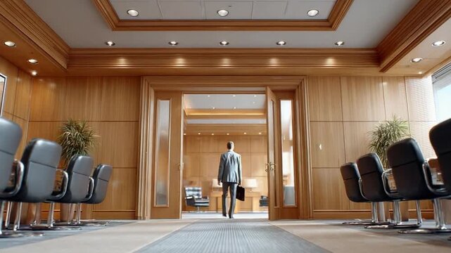 The CEO's Journey: A solitary figure, the CEO strides purposefully through a grand office suite, hinting at leadership, decision-making, and the path to success.