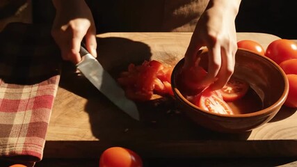 Artisanal Preparation Fresh Tomatoes Being Sliced On Wooden Board Ready for Cooking