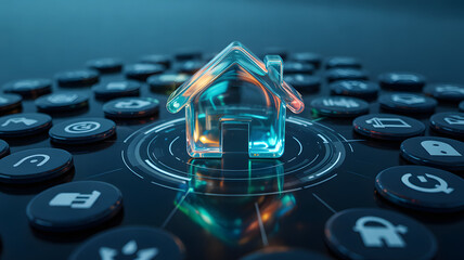 Smart home security system with glowing house icon and control panel