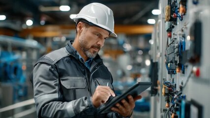 Engineer at Work: An engineer in a hardhat focuses intently on a tablet, diligently reviewing data in a modern industrial setting. - Powered by Adobe