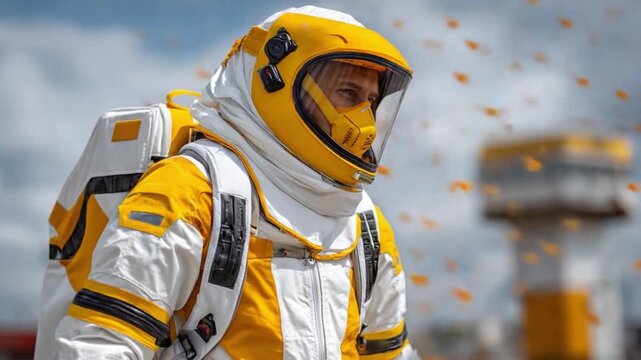 Astronaut's Expedition: An astronaut wearing a vibrant yellow and white spacesuit, gazing out towards an uncertain horizon.