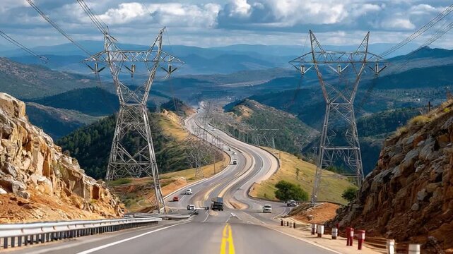 Power Lines Guiding Road: A captivating shot of power lines standing tall over a winding road, cutting through a mountainous landscape. The scene exudes a sense of connection, power, and travel. 
