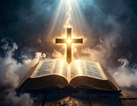 Illuminated cross beams with Bible, surrounded by clouds and divine light