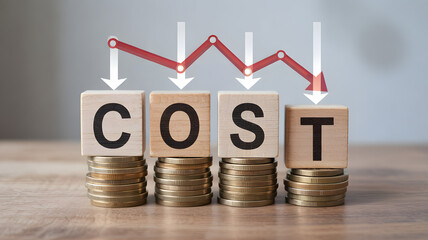 Blocks spelling cost on coins with downward trend graph