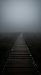 Misty Wooden Pathway Leading Through Foggy Wetland Landscape