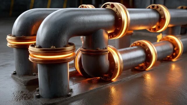 Industrial Pipes: A close-up shot of industrial pipes with golden rings, representing the flow and connection in infrastructure, highlighting the design.