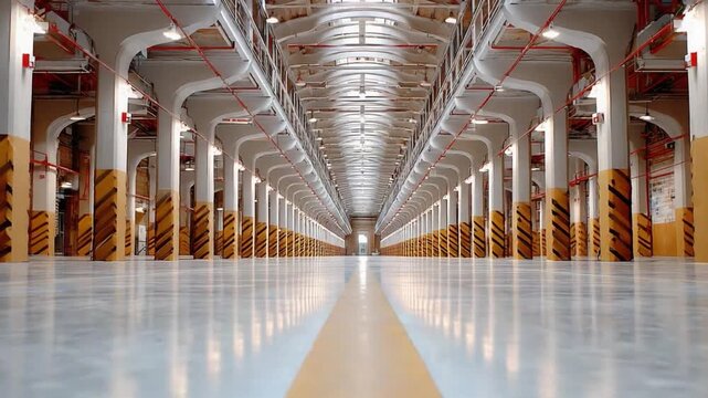 Warehouse Interior: An expansive warehouse interior, where rows of towering pillars converge towards the horizon, create a sense of order and vastness.