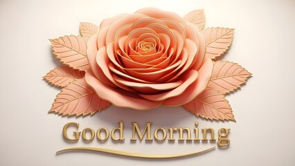 Elegant three dimensional peach colored rose illustration featuring delicate gold trim beneath luxurious embossed good morning greeting text