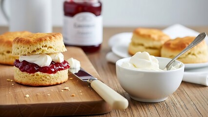 Scone with jam and clotted cream on a wooden board