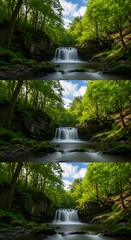 Cascading water flows over rocks through a vibrant, sunlit forest gorge