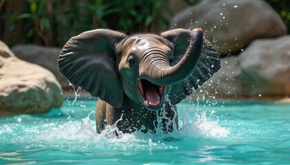 Young elephant splashing water, playing happily in clear blue lake. Baby mammal emerges from cool water, raising trunk. Exotic animal joyfully cools off amidst rocks and green plants.