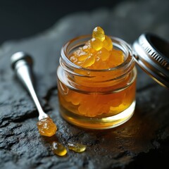 Amber cannabis concentrate in glass jar with metal dab tool. Potent extract displayed indoors with selective focus on product texture and color.
