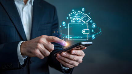 Businessman using smartphone with digital wallet and money concept
