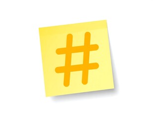 Yellow sticky note with orange hashtag symbol, isolated on white background