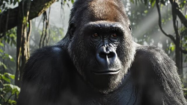 Intelligent Gorilla Observes Camera Eyes Meeting Gaze Fro