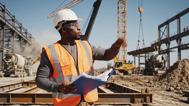 A construction worker in safety gear examines documents amidst a busy industrial site with cranes and machines