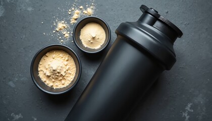 Black shaker bottle beside bowls of powder. Supplements for fitness and muscle growth. Preparing protein shake drink for workout. Post workout nutrition and recovery. Sport nutrition powder.