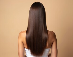 Obraz premium Back view woman, long straight shiny brown hair. Smooth silky hair care, healthy strands, elegant coiffure. Beauty concept, isolated on beige studio backdrop. Hairdressing salon style.