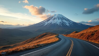 Winding road leads towards snow capped mountain peak under a cloudy sky. Grassy hills surround valley landscape at sunrise. Scenic drive through remote nature.