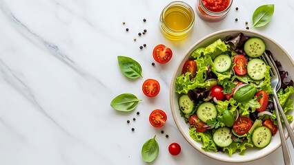 Fresh mixed green salad with vegetables and dressing