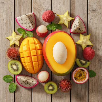 Vibrant tropical fruit arrangement on wooden table