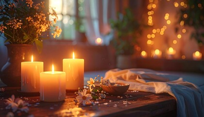 Close-up of lit candles on a wooden table, with flowers and soft light creating a warm and cozy atmosphere