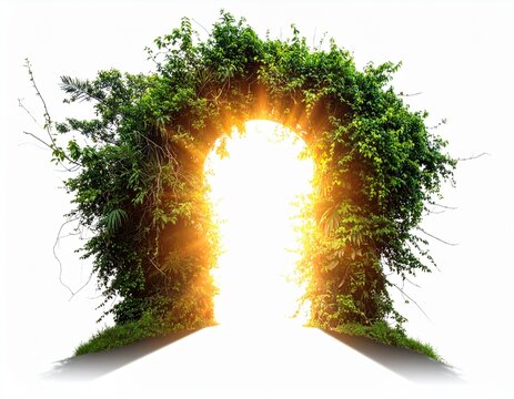 Enchanting arch of vibrant green leaves glows with a bright, ethereal light, representing a hopeful gateway to nature's embrace and a fresh start