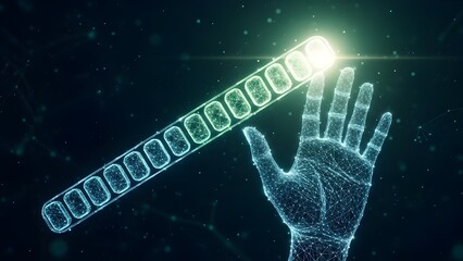 A glowing digital hand reaching for a bright light in a futuristic space