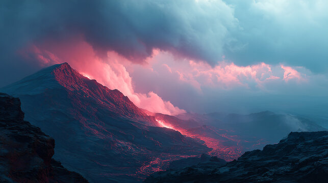 Glowing lava volcanic landscape dramatic sky molten rock ash cloud mountain ridge geothermal heat steam twilight rugged terrain stir awe with fiery glow and looming storm over harsh, isolated - Powered by Adobe