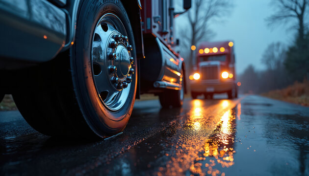 Truck tire gleams on wet road at dusk. Blurred lights reflect on dark asphalt, suggesting a journey. Another big rig approaches in the misty, dim light.