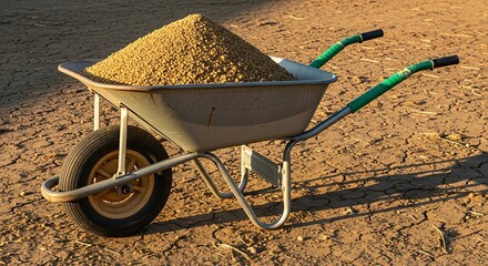 Metal wheelbarrow overflowing with golden pellets rests on sun baked dry earth