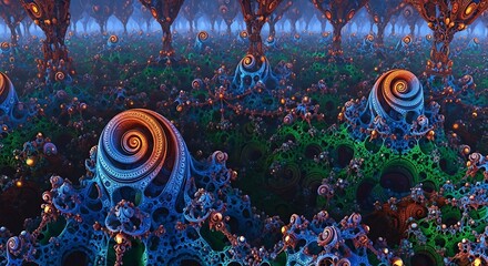 Intricate three dimensional mathematical structures create a surreal, illuminated alien landscape