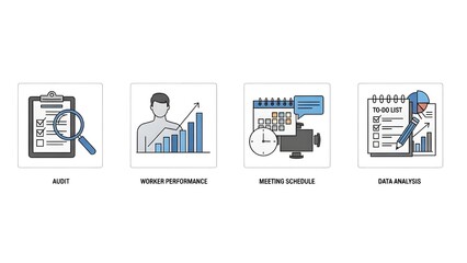 A collection of business icons for audit, worker performance, meeting schedule, and data analysis