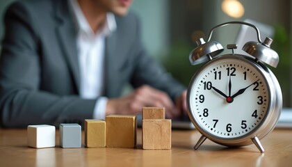 Man in suit works at desk with alarm clock and building blocks. Time passing fast, project phases complete on schedule. Urgency for deadline.