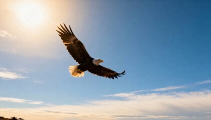 Obraz premium Majestic Bald Eagle Soaring Against Vibrant Blue Sky with Golden Sunset Glow