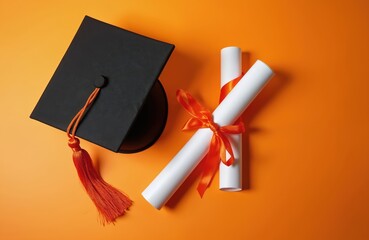 Black graduation cap with orange tassel rests beside rolled diplomas tied with orange ribbon on bright orange backdrop. Academic symbols represent school completion and university success.