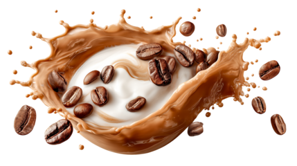 Coffee splash latte art milk swirl coffee bean brown liquid creamy texture dynamic motion macro food isolated white beverage concept Joyful energy surges as creamy milk swirl meets, isolated