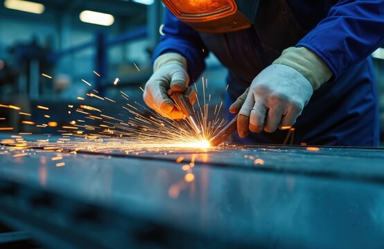 Worker wears helmet and gloves using plasma cutter on metal in factory. Bright sparks fly during industrial manufacturing process. Skilled labor creates steel structures with precision. - Powered by Adobe